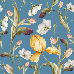Watercolor floral seamless pattern. Hand painted leaves, meadow flowers, tulips. Botanical illustration for textile, fabric, print, digital paper