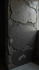 Textured wall with peeling paint and rough surfaces creates striking visual contrast dimly lit room. interplay of light and shadow enhances unique