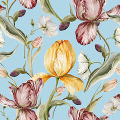 Watercolor floral seamless pattern. Hand painted leaves, meadow flowers, tulips. Botanical illustration for textile, fabric, print, digital paper