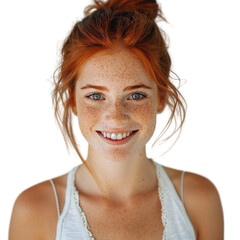 Smiling redhead woman with freckles, wearing a white tank top, against a transparent background. background removed
