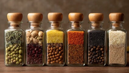 Row of glass spice jars with various spices