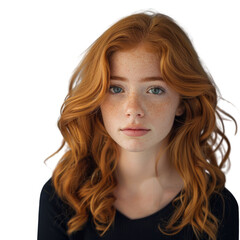 A young girl with long, curly red hair and freckles stares directly at the camera. background removed