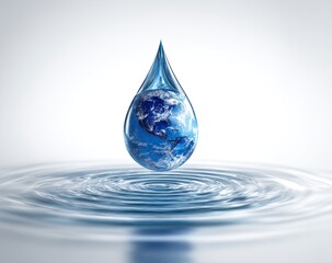 A water droplet, shaped like a teardrop, holds a miniature Earth.  It rests on a surface of rippling water