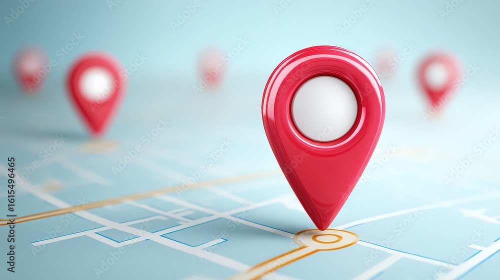 Poster a 3d red map pin marker highlights a specific location on a blue digital map with other pins blurred