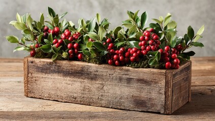 Rustic wooden box centerpiece filled with holly and red berries