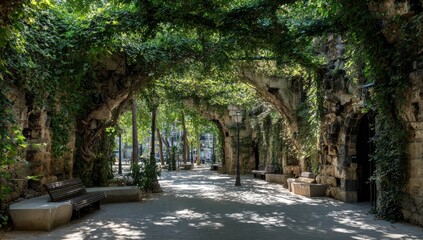 Shady, stone-lined park walkway. Lush greenery arches overhead