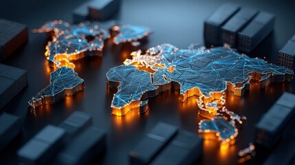 A digital world map with illuminated network connections highlighting global data flow and interconnected cities on a sleek, dark background.