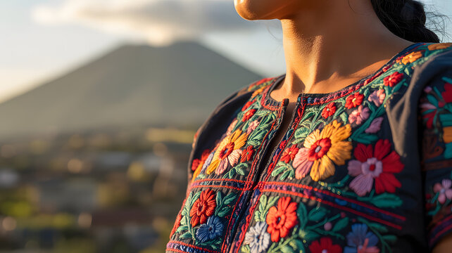 Embroidered huipil collar with floral patterns, highlighting Guatemalan textile artistry.