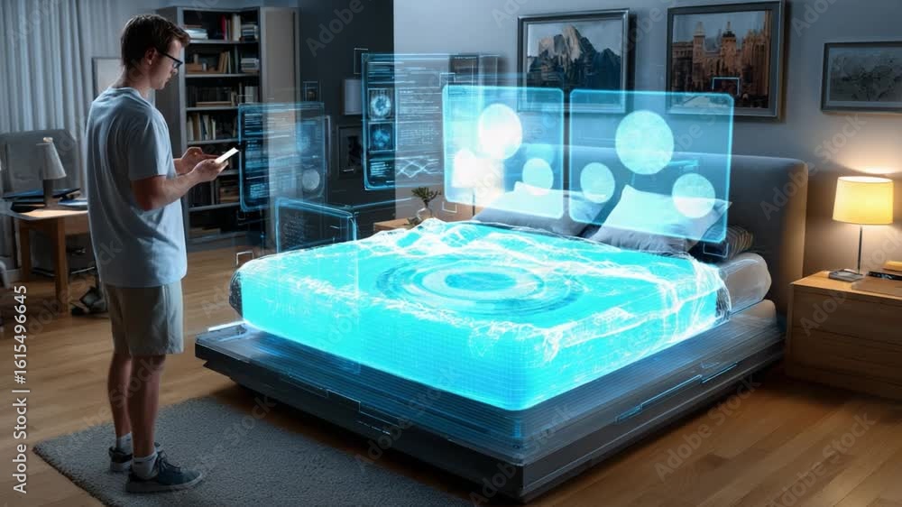 Poster smart bed technology: a person interacts with a futuristic smart bed interface, a technological marv