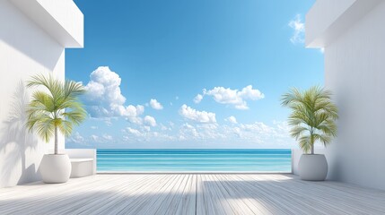 Minimalist terrace with white walls, potted palm plants, overlooking a calm ocean under a clear blue sky with scattered clouds.