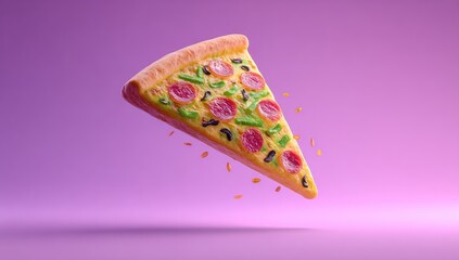 Pizza slice, flying, vibrant