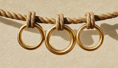Three golden rings hanging from a beige rope