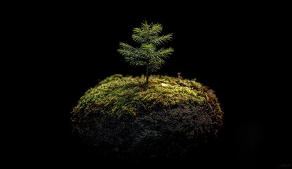 Tiny tree on mossy island, dark background