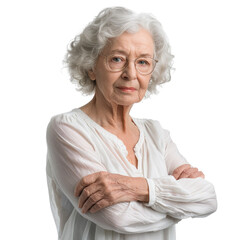 Portrait of a confident senior woman with arms crossed, wearing glasses and a white shirt. background removed