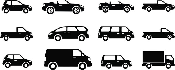 Collection of diverse vehicle silhouettes including cars trucks and vans