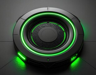 Fototapeta premium Modern Black Round Speaker with Green LED Lights Illuminating Stylish Design and High-Quality Audio Performance for Music Enthusiasts and DJs