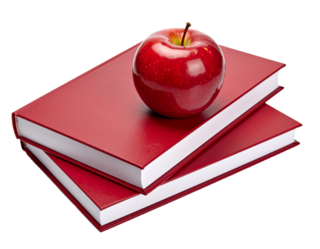Red apple and books isolated on a transparent background.
