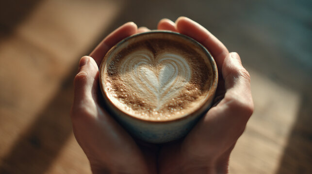 Close up of hands holding a cup of coffee with a heart design in the foam on a blurred background