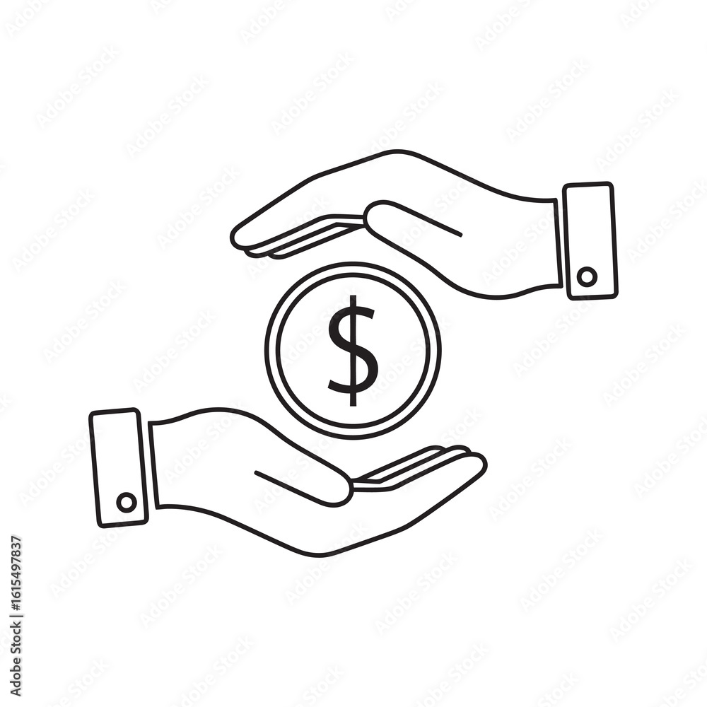 Poster money transaction icon with hands exchanging dollar coin representing financial payment secure trans