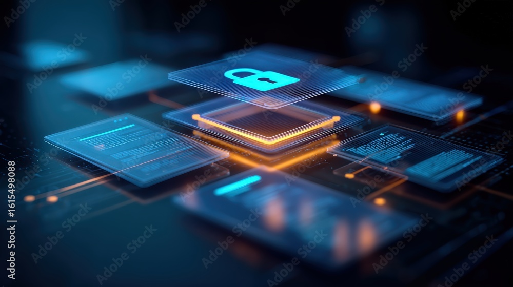Aufkleber a futuristic digital lock icon hovers above a microchip, symbolizing cybersecurity and data protecti