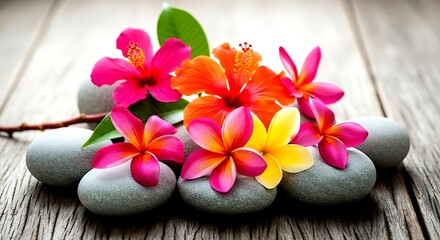 Pink Orange Yellow Tropical Flowers and Grey Stones on Wooden Background nature