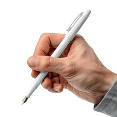 A hand holding a white pen, ready to write or draw. background removed
