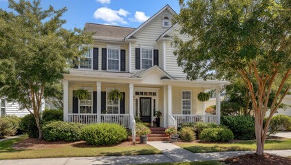 Charming, light-yellow home with dark shutters, porch and landscaping