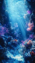Underwater Canyon with Coral Reef and Sunlight Streaming Through