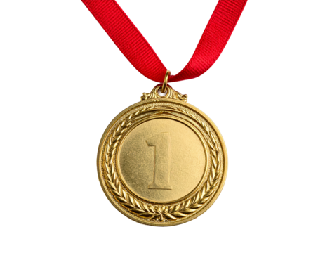 Gold medal with red ribbon isolated on a transparent background.