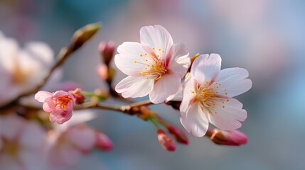 Delicate pink cherry blossoms featuring yellow stamens on a tree branch in bright sunlight