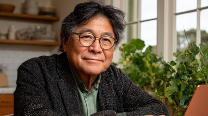 Older man with glasses and gray hair smiles warmly while sitting indoors near green plants and a laptop.