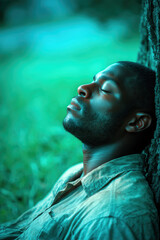 Young Black Man Resting Peacefully Against Tree Trunk Outdoors Serene Nature Meditation Mindfulness