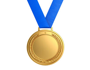 Gold medal with blue ribbon isolated on a transparent background.