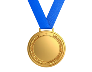 Gold medal with blue ribbon isolated on a transparent background.