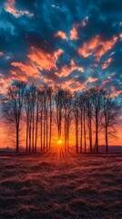 Sunset Shining Through Bare Trees with Dramatic Cloudscape