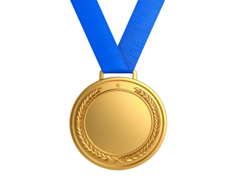 Gold medal with blue ribbon isolated on a transparent background.