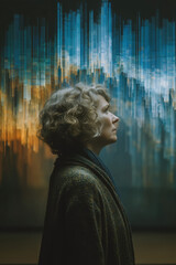 Mature Caucasian Woman Contemplating Digital Technology Data Future Abstract Connection Vision