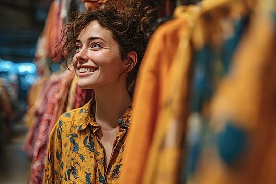 Happy female customer enjoying shopping, searching for trendy clothing in a fashion retail store, smiling and looking up while browsing through colorful garments