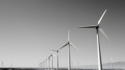Dozens of large wind turbines with spinning blades stretch across a desert landscape