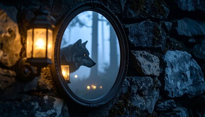 Cracked mirror on stone wall reflecting blurred wolf silhouette behind a foggy window, lit by flickering lanterns