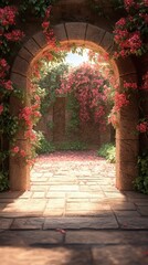Stone Archway with Flowers Leading to a Lush Garden