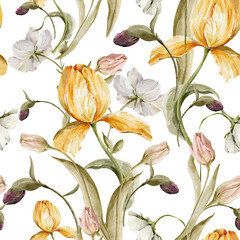 Watercolor floral seamless pattern. Hand painted leaves, meadow flowers, tulips. Botanical illustration for textile, fabric, print, digital paper