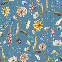 Watercolor floral seamless pattern. Hand painted leaves, meadow flowers, tulips. Botanical illustration for textile, fabric, print, digital paper