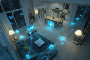 Interior view of a smart home at night.  Connected devices overlaid
