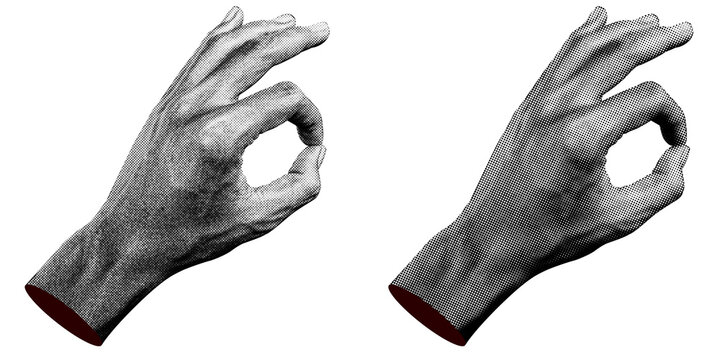 2 style Halftone hands collection. Halftone hands show the OK gesture . Stylish halftone collage design elements. Hand gestures in pop art style. Transparent background