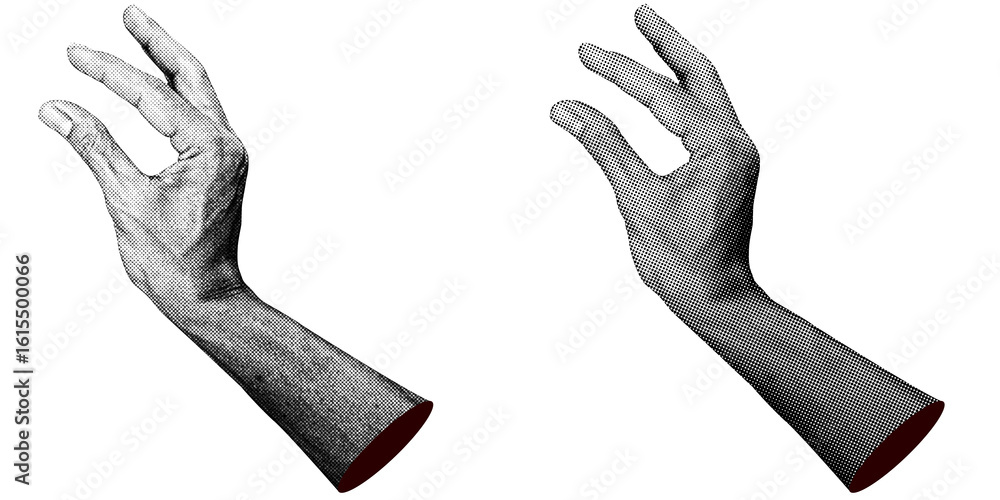 Poster 2 style halftone hands collection. halftone hands show the pinching gesture. stylish halftone collag