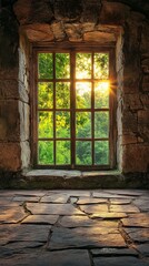 Sunlight Streaming Through Old Stone Window with Green View