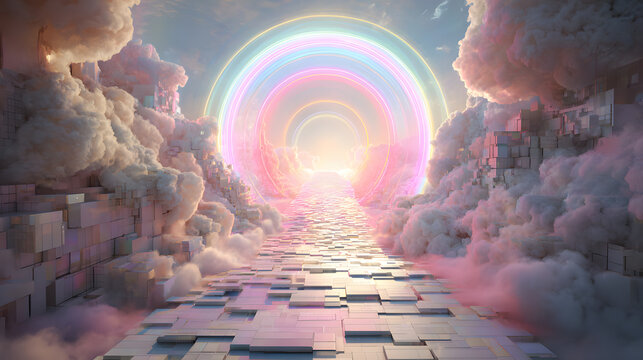 Glowing rainbow data bridge through clouds to a surreal pastel neon sci-fi dream portal