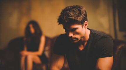 A man looks down, appearing deep in thought or upset, while a blurred woman sits in the background, suggesting tension or emotional distance between them.
