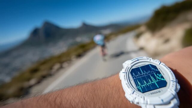 Close-up of a runner's watch showing heart rate and distance with a blurred path in the background.